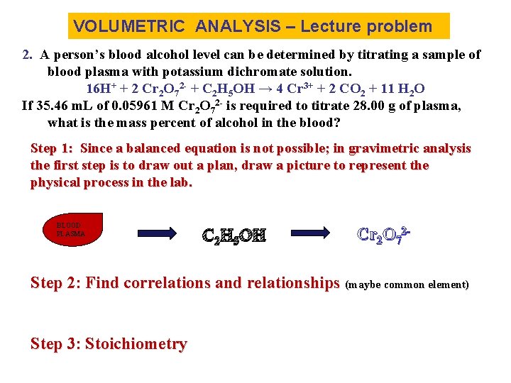 VOLUMETRIC ANALYSIS – Lecture problem 2. A person’s blood alcohol level can be determined