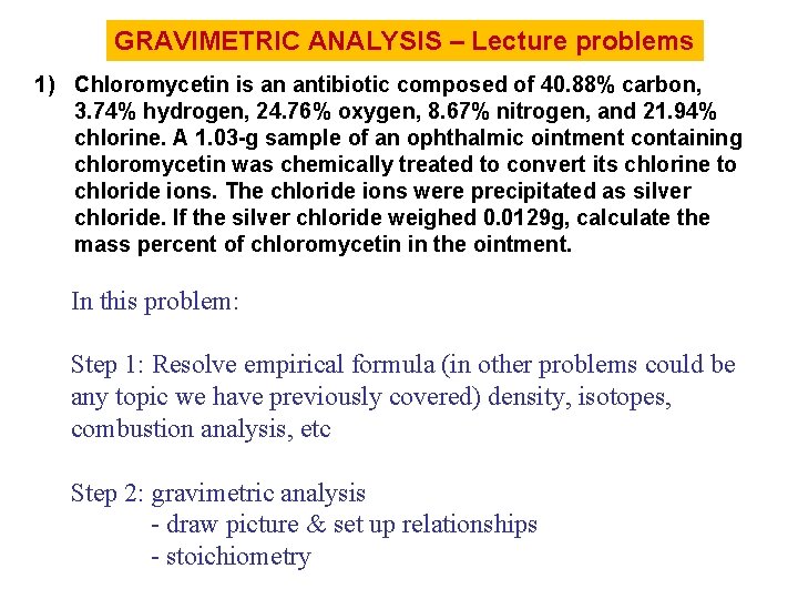 GRAVIMETRIC ANALYSIS – Lecture problems 1) Chloromycetin is an antibiotic composed of 40. 88%