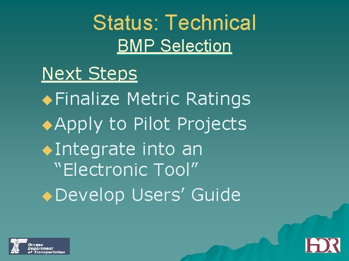 Status: Technical BMP Selection Next Steps u Finalize Metric Ratings u Apply to Pilot