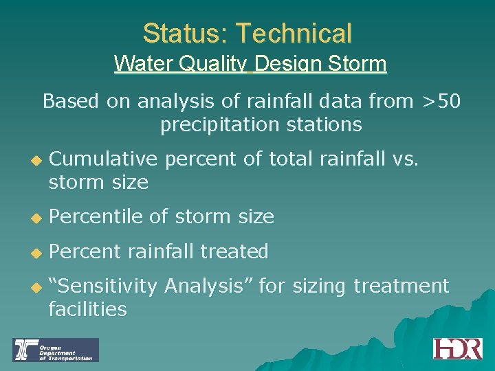 Status: Technical Water Quality Design Storm Based on analysis of rainfall data from >50