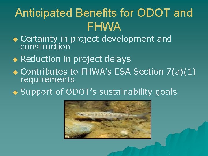 Anticipated Benefits for ODOT and FHWA u Certainty in project development and construction u