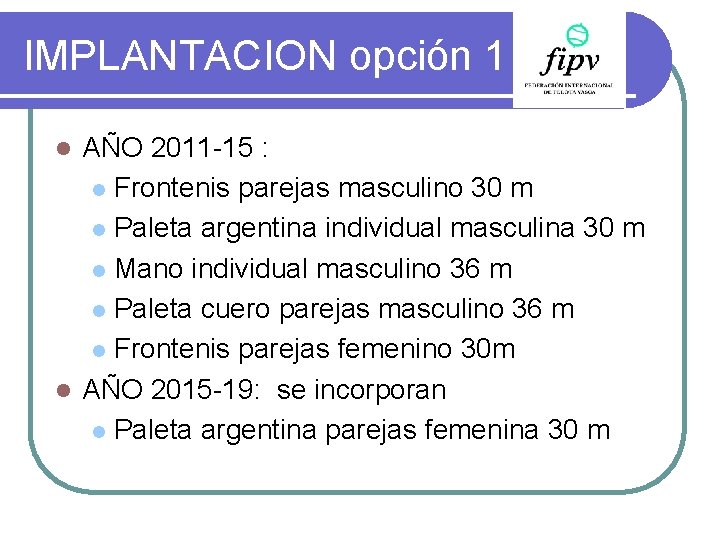 IMPLANTACION opción 1 AÑO 2011 -15 : l Frontenis parejas masculino 30 m l