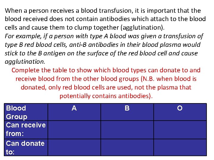 When a person receives a blood transfusion, it is important that the blood received