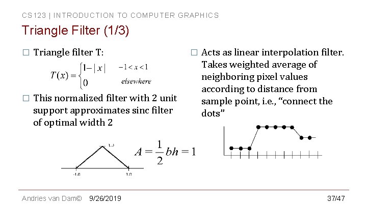 CS 123 | INTRODUCTION TO COMPUTER GRAPHICS Triangle Filter (1/3) � Triangle filter T: