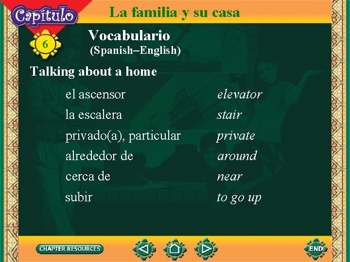 6 La familia y su casa Vocabulario (Spanish–English) Talking about a home el ascensor