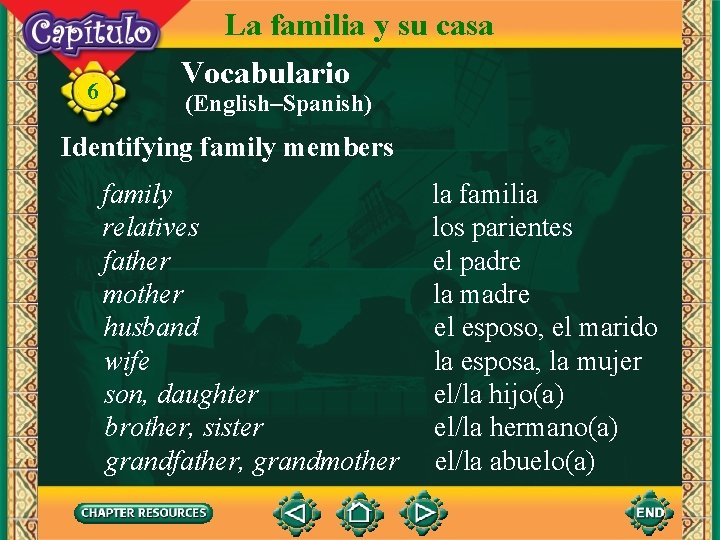 6 La familia y su casa Vocabulario (English–Spanish) Identifying family members family relatives father