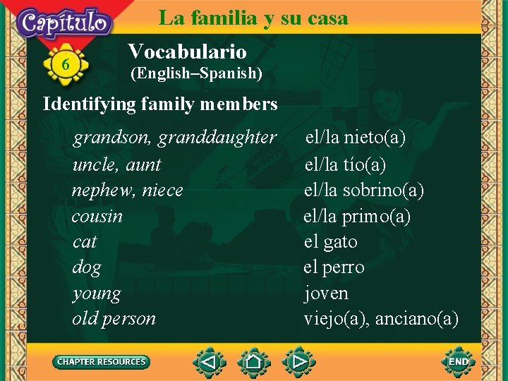 6 La familia y su casa Vocabulario (English–Spanish) Identifying family members grandson, granddaughter uncle,