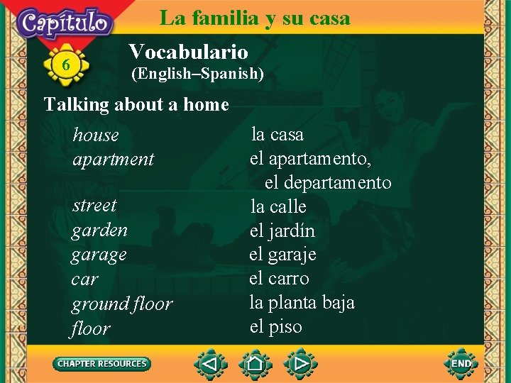 6 La familia y su casa Vocabulario (English–Spanish) Talking about a home house apartment