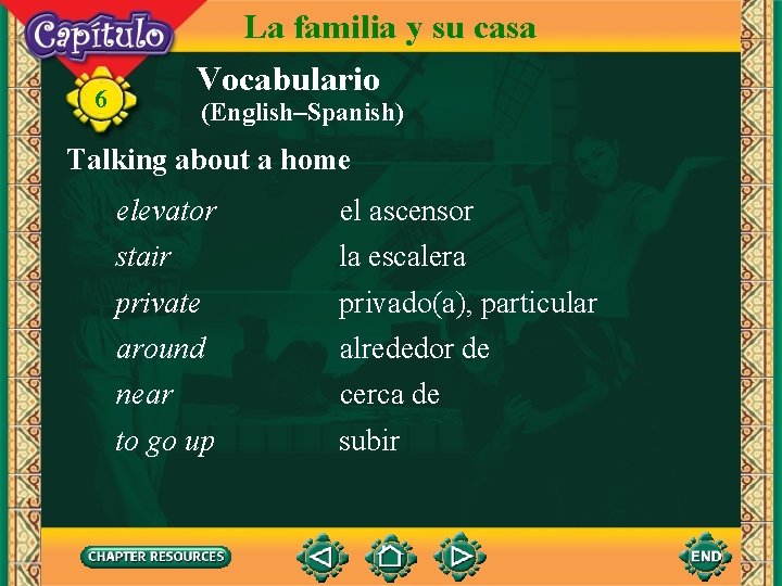 La familia y su casa Vocabulario 6 (English–Spanish) Talking about a home elevator el