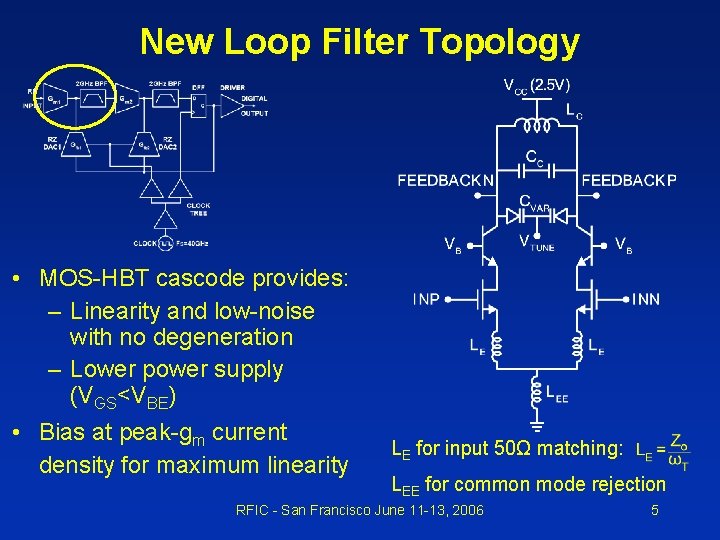 New Loop Filter Topology • MOS-HBT cascode provides: – Linearity and low-noise with no