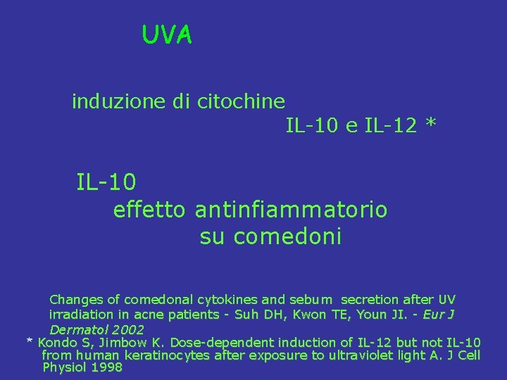 UVA induzione di citochine IL-10 e IL-12 * IL-10 effetto antinfiammatorio su comedoni Changes