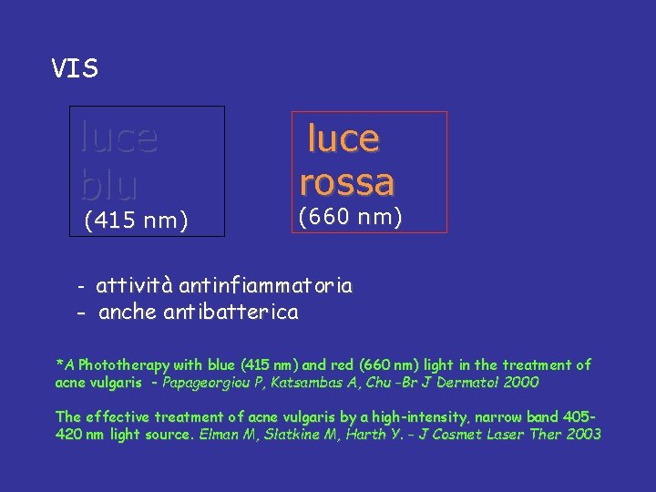 VIS luce blu (415 nm) luce rossa (660 nm) attività antinfiammatoria - anche antibatterica