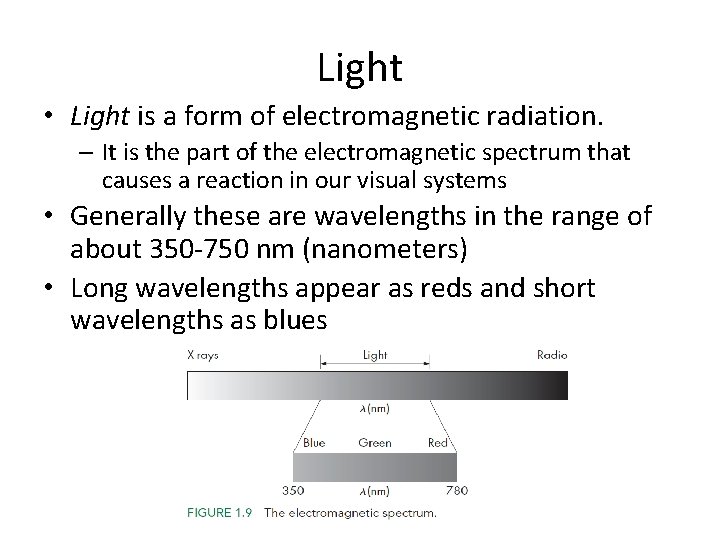 Light • Light is a form of electromagnetic radiation. – It is the part