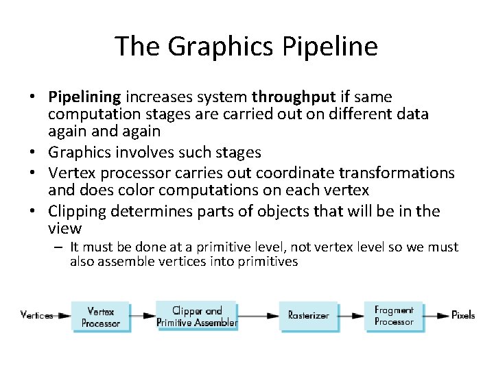 The Graphics Pipeline • Pipelining increases system throughput if same computation stages are carried