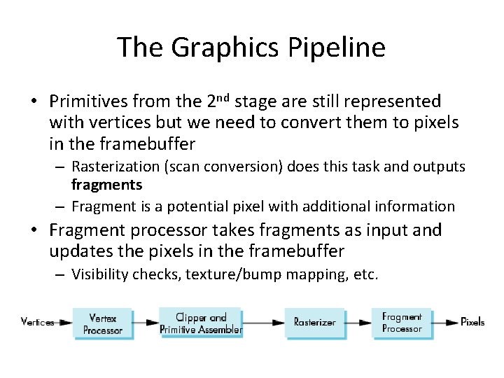 The Graphics Pipeline • Primitives from the 2 nd stage are still represented with