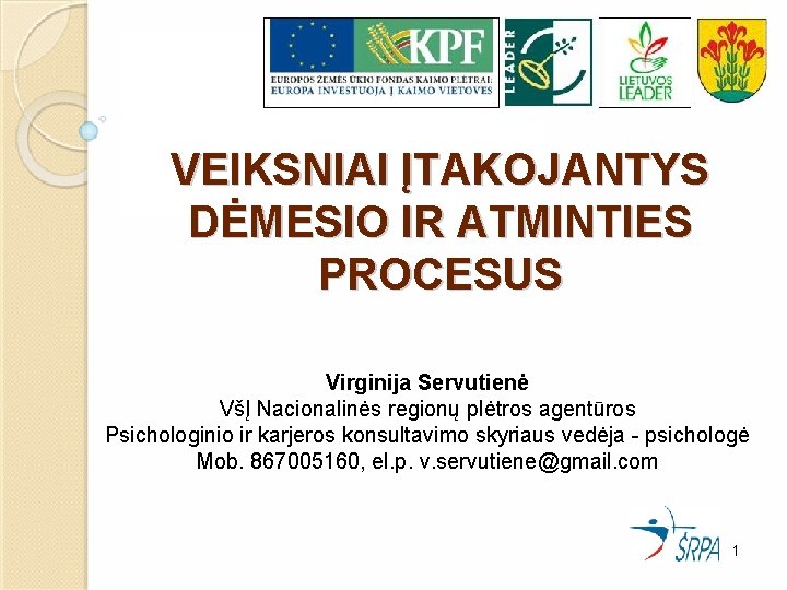 VEIKSNIAI ĮTAKOJANTYS DĖMESIO IR ATMINTIES PROCESUS Virginija Servutienė VšĮ Nacionalinės regionų plėtros agentūros Psichologinio