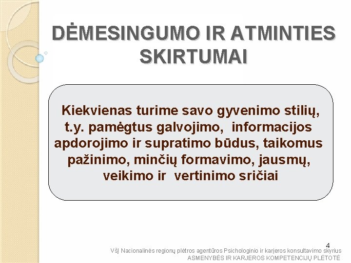 DĖMESINGUMO IR ATMINTIES SKIRTUMAI Kiekvienas turime savo gyvenimo stilių, t. y. pamėgtus galvojimo, informacijos