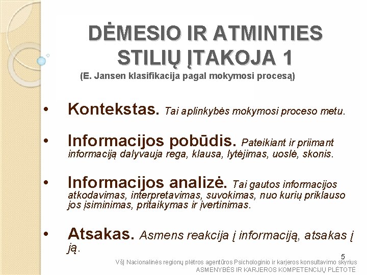 DĖMESIO IR ATMINTIES STILIŲ ĮTAKOJA 1 (E. Jansen klasifikacija pagal mokymosi procesą) • Kontekstas.