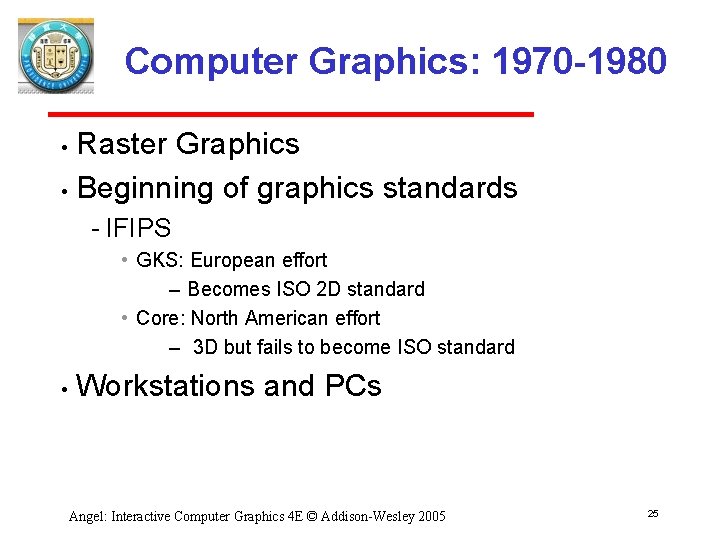 Computer Graphics: 1970 -1980 Raster Graphics • Beginning of graphics standards • IFIPS •