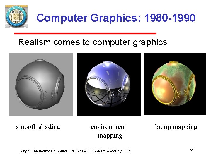 Computer Graphics: 1980 -1990 Realism comes to computer graphics smooth shading environment mapping Angel:
