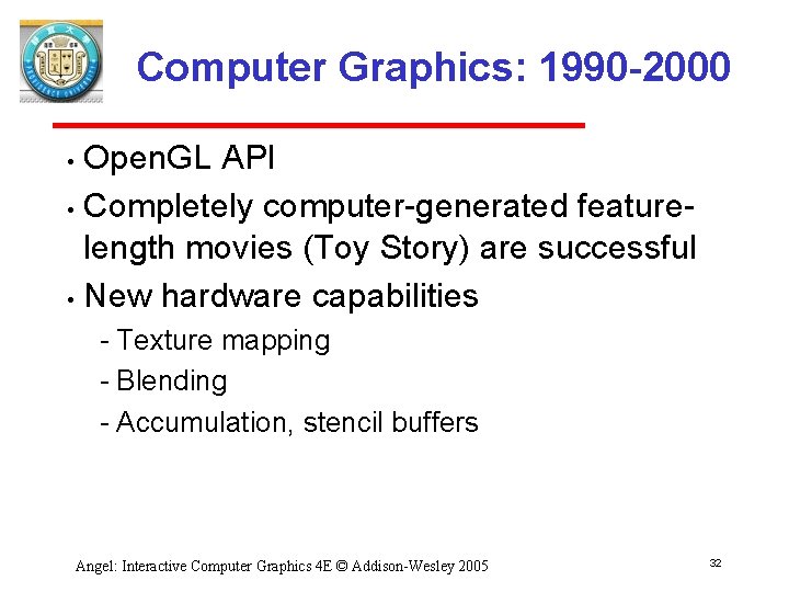 Computer Graphics: 1990 -2000 Open. GL API • Completely computer generated feature length movies