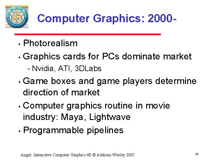 Computer Graphics: 2000 Photorealism • Graphics cards for PCs dominate market • Nvidia, ATI,