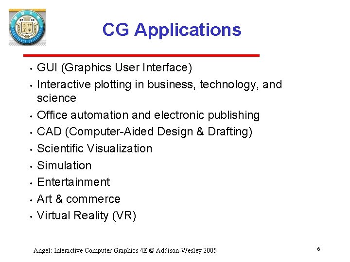 CG Applications • • • GUI (Graphics User Interface) Interactive plotting in business, technology,