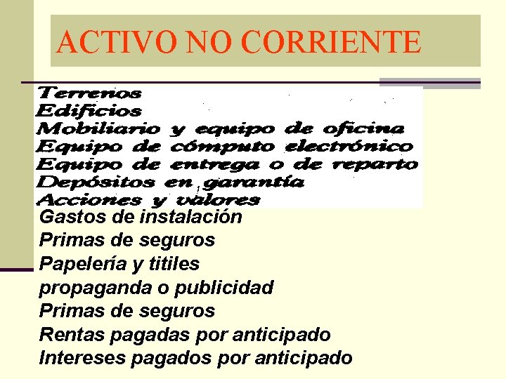 ACTIVO NO CORRIENTE Gastos de instalación Primas de seguros Papelería y titiles propaganda o