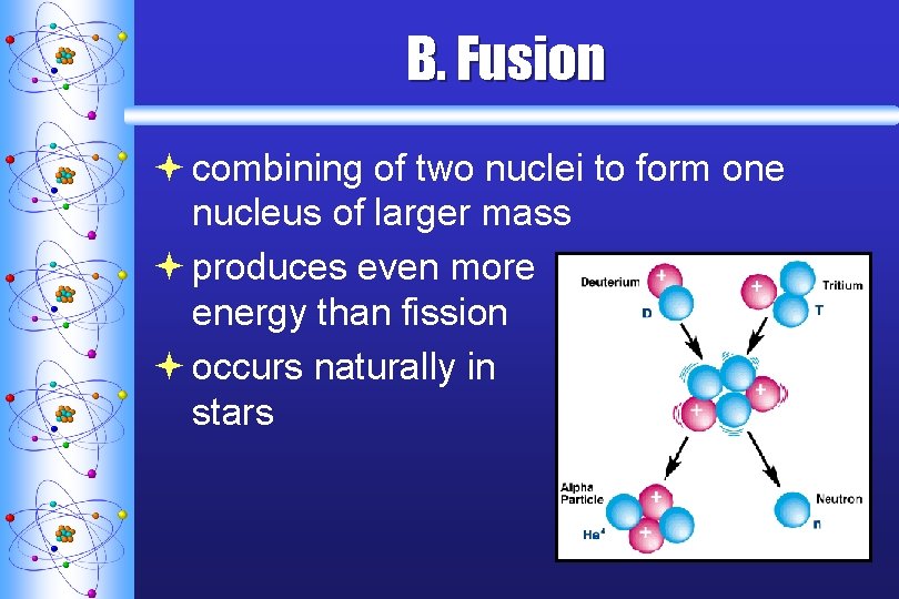 B. Fusion ª combining of two nuclei to form one nucleus of larger mass