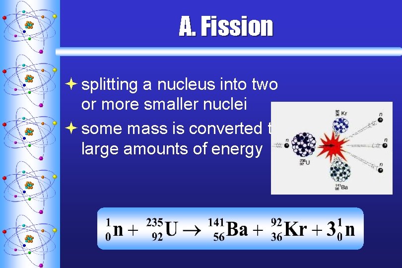 A. F ission ª splitting a nucleus into two or more smaller nuclei ª