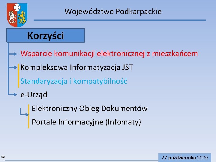 Województwo Podkarpackie Korzyści Wsparcie komunikacji elektronicznej z mieszkańcem Kompleksowa Informatyzacja JST Standaryzacja i kompatybilność