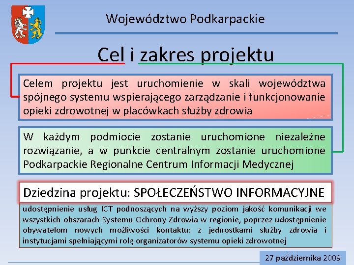 Województwo Podkarpackie Cel i zakres projektu Celem projektu jest uruchomienie w skali województwa spójnego