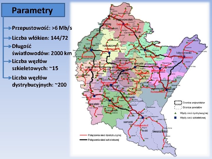 Parametry Przepustowość: >6 Mb/s Liczba włókien: 144/72 Długość światłowodów: 2000 km Liczba węzłów szkieletowych: