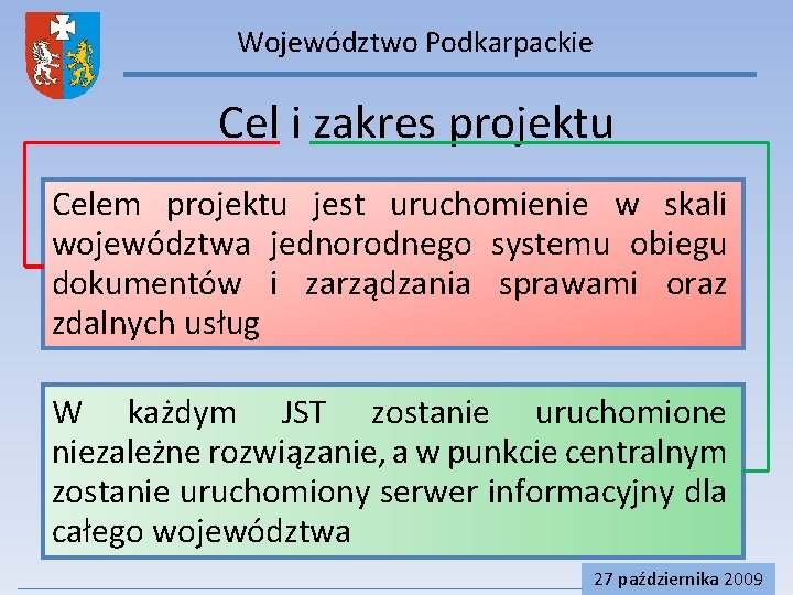Województwo Podkarpackie Cel i zakres projektu Celem projektu jest uruchomienie w skali województwa jednorodnego