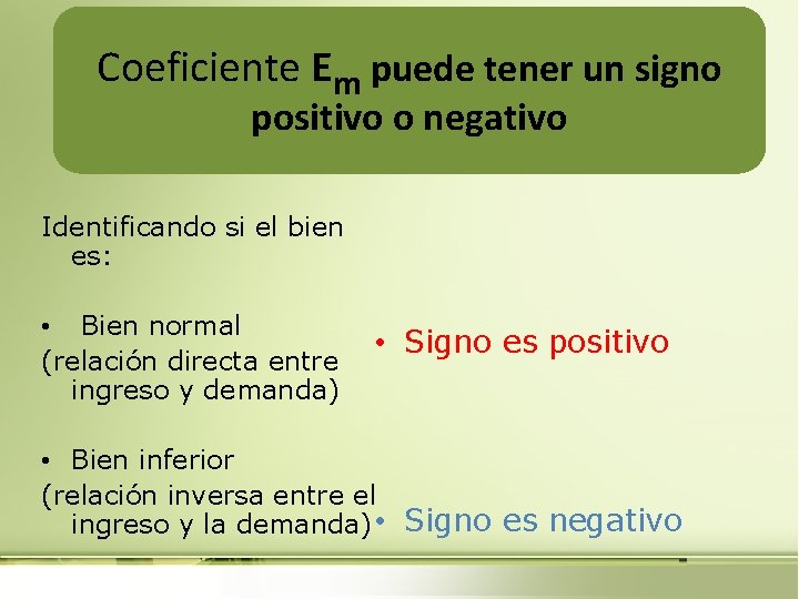 Coeficiente Em puede tener un signo positivo o negativo Identificando si el bien es: