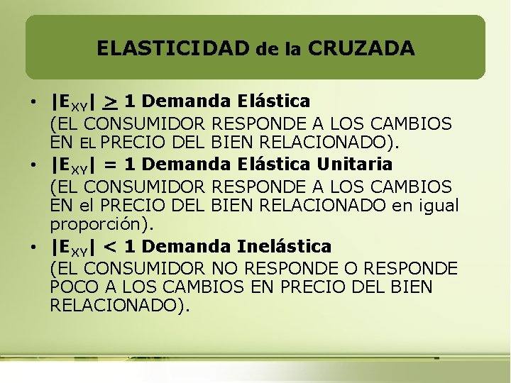 ELASTICIDAD de la CRUZADA • |EXY| > 1 Demanda Elástica (EL CONSUMIDOR RESPONDE A