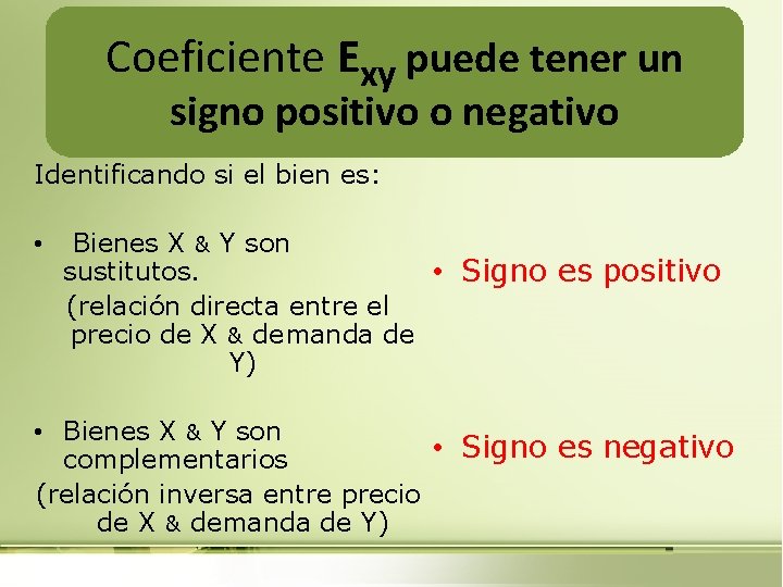 Coeficiente Exy puede tener un signo positivo o negativo Identificando si el bien es: