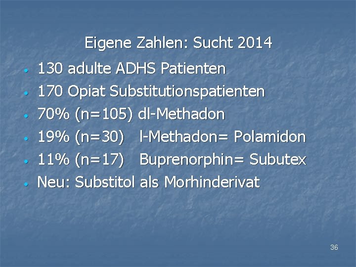 Eigene Zahlen: Sucht 2014 • • • 130 adulte ADHS Patienten 170 Opiat Substitutionspatienten