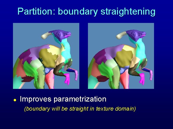 Partition: boundary straightening l Improves parametrization (boundary will be straight in texture domain) Partition: boundary straightening l Improves parametrization (boundary will be straight in texture domain)