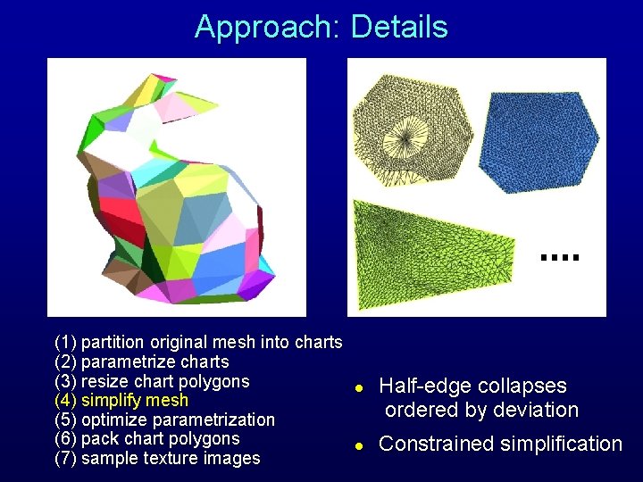 Approach: Details (1) partition original mesh into charts (2) parametrize charts (3) resize chart Approach: Details (1) partition original mesh into charts (2) parametrize charts (3) resize chart