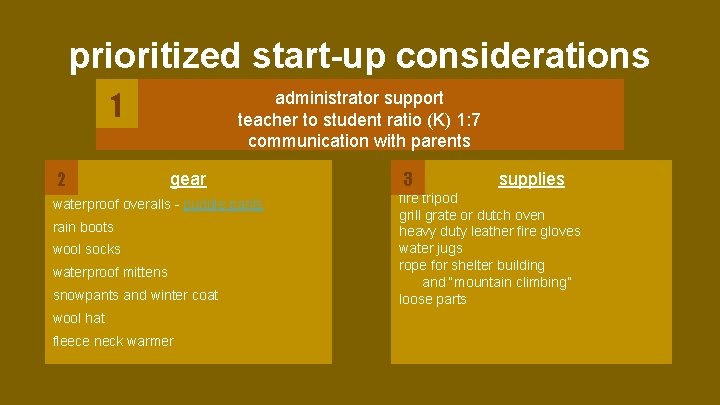 prioritized start-up considerations 1 2 administrator support teacher to student ratio (K) 1: 7