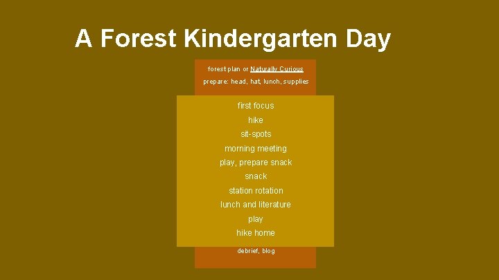 A Forest Kindergarten Day forest plan or Naturally Curious prepare: head, hat, lunch, supplies