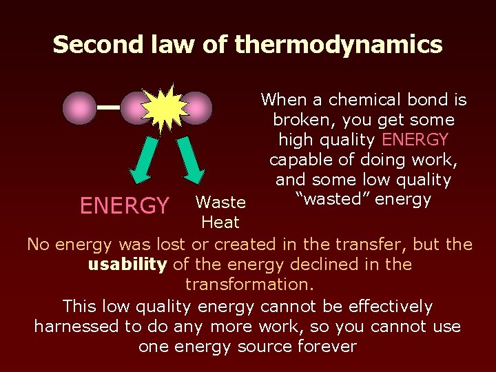 Second law of thermodynamics When a chemical bond is broken, you get some high