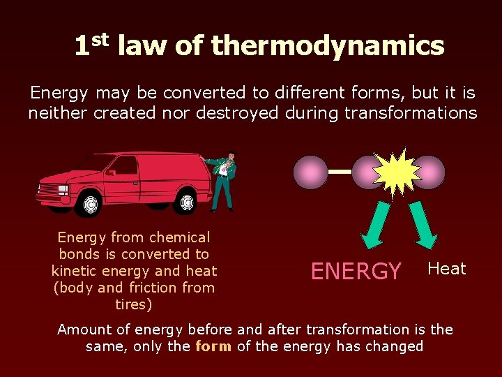 1 st law of thermodynamics Energy may be converted to different forms, but it
