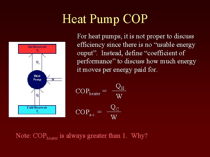 Heat Pump COP For heat pumps, it is not proper to discuss efficiency since