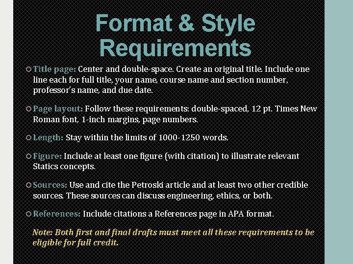 Format & Style Requirements Title page: Center and double-space. Create an original title. Include Format & Style Requirements Title page: Center and double-space. Create an original title. Include
