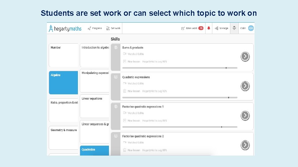 Students are set work or can select which topic to work on Students are set work or can select which topic to work on