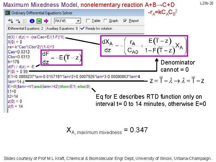 Maximum Mixedness Model, nonelementary reaction A+B→C+D -r. A=k. CACB 2 L 23 b-20 Denominator