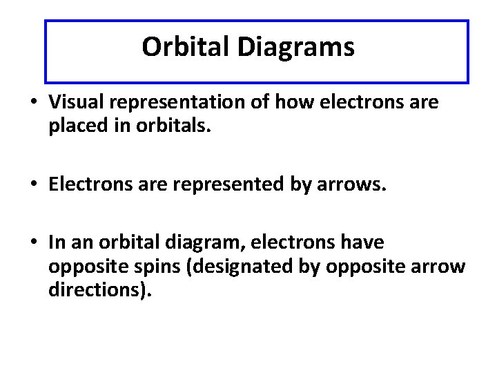 Orbital Diagrams • Visual representation of how electrons are placed in orbitals. • Electrons