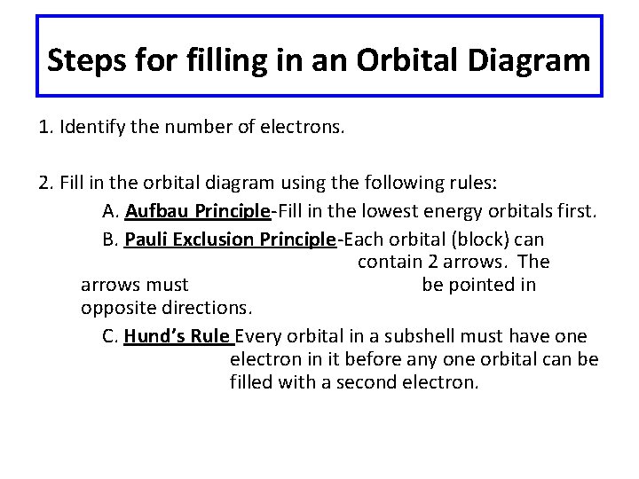 Steps for filling in an Orbital Diagram 1. Identify the number of electrons. 2.